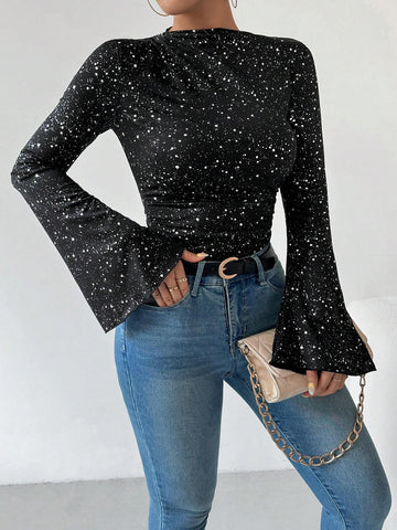 Women's Metallic Silver Allover Print Ruched Flare Sleeve Bodysuit