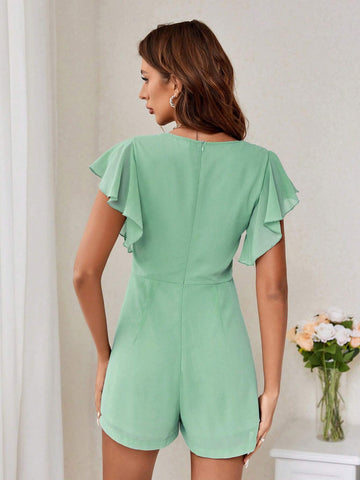 Women's Mint Green Butterfly Sleeve Deep V-Neck Short Jumpsuit,Chiffon Fabric,Lightweight Ruffle Sleeves,V-Neck Jumpsuit,Slim Fit Jumpsuit,Ruffle Sleeve Design, Suitable For Daily, Commuting, Vacation, Dating, Outing