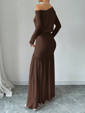 Women's New Brown Elegant Sexy Asymmetric Neck Long Sleeve Top And Asymmetric Ruched Split Skirt 2-Piece Set