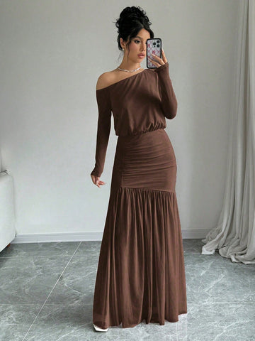 Women's New Brown Elegant Sexy Asymmetric Neck Long Sleeve Top And Asymmetric Ruched Split Skirt 2-Piece Set