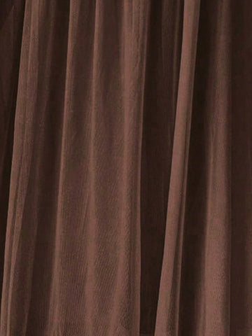 Women's New Brown Elegant Sexy Asymmetric Neck Long Sleeve Top And Asymmetric Ruched Split Skirt 2-Piece Set
