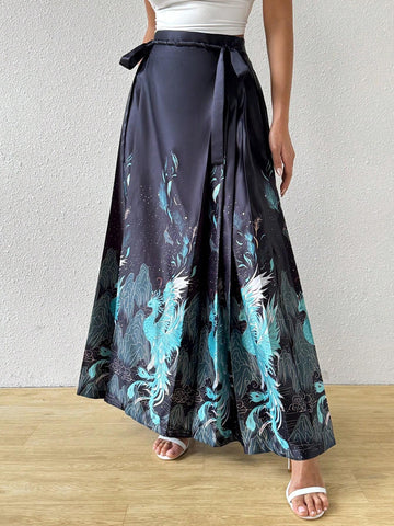 Privé Women's New Chinese Style Vintage Blue & Green Embroidered Skirt With Horse Face Pattern