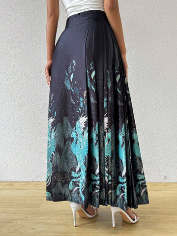 Privé Women's New Chinese Style Vintage Blue & Green Embroidered Skirt With Horse Face Pattern