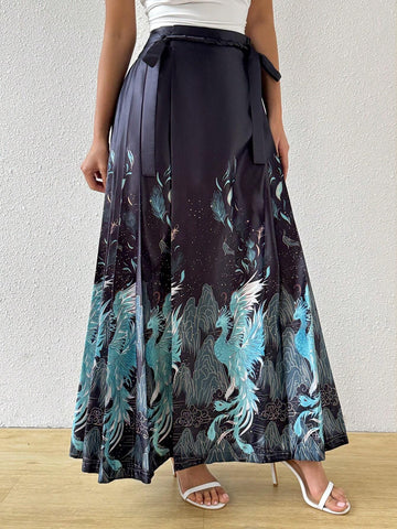 Privé Women's New Chinese Style Vintage Blue & Green Embroidered Skirt With Horse Face Pattern