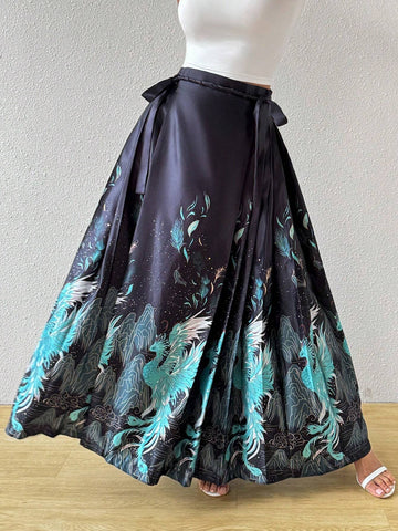 Privé Women's New Chinese Style Vintage Blue & Green Embroidered Skirt With Horse Face Pattern