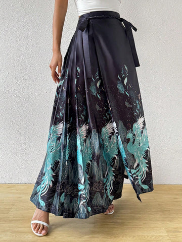 Privé Women's New Chinese Style Vintage Blue & Green Embroidered Skirt With Horse Face Pattern
