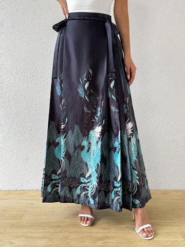 Privé Women's New Chinese Style Vintage Blue & Green Embroidered Skirt With Horse Face Pattern