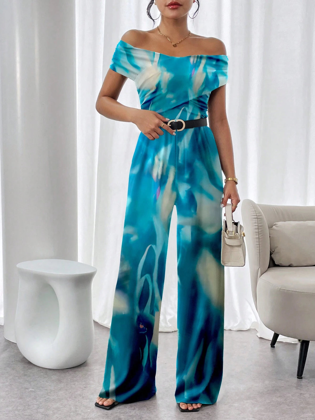 Women's Off-Shoulder Allover Print Jumpsuit With Ruffle Trim (Random Cutting Print), Summer