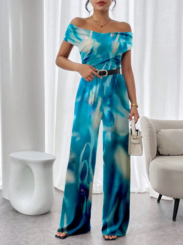 Women's Off-Shoulder Allover Print Jumpsuit With Ruffle Trim (Random Cutting Print), Summer