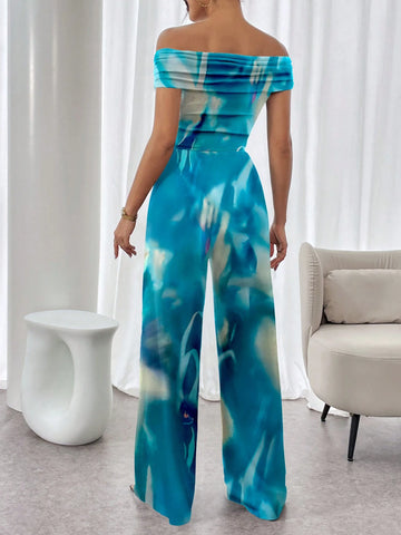 Women's Off-Shoulder Allover Print Jumpsuit With Ruffle Trim (Random Cutting Print), Summer