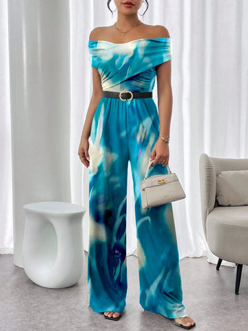 Women's Off-Shoulder Allover Print Jumpsuit With Ruffle Trim (Random Cutting Print), Summer