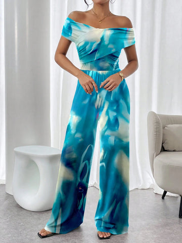 Women's Off-Shoulder Allover Print Jumpsuit With Ruffle Trim (Random Cutting Print), Summer