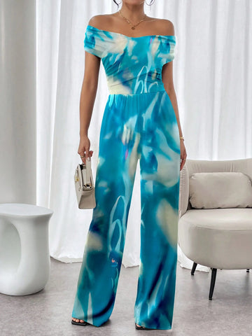 Women's Off-Shoulder Allover Print Jumpsuit With Ruffle Trim (Random Cutting Print), Summer