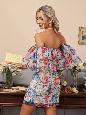 Women's Off-Shoulder Printed Dress, Random Print