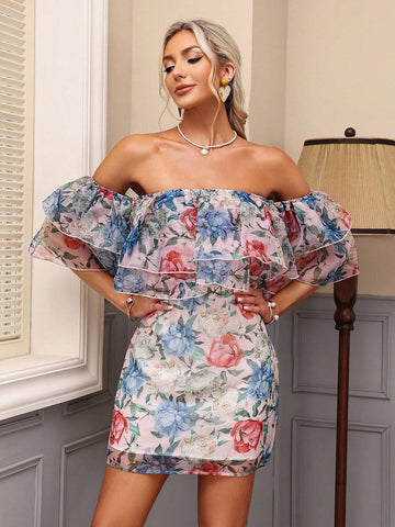 Women's Off-Shoulder Printed Dress, Random Print
