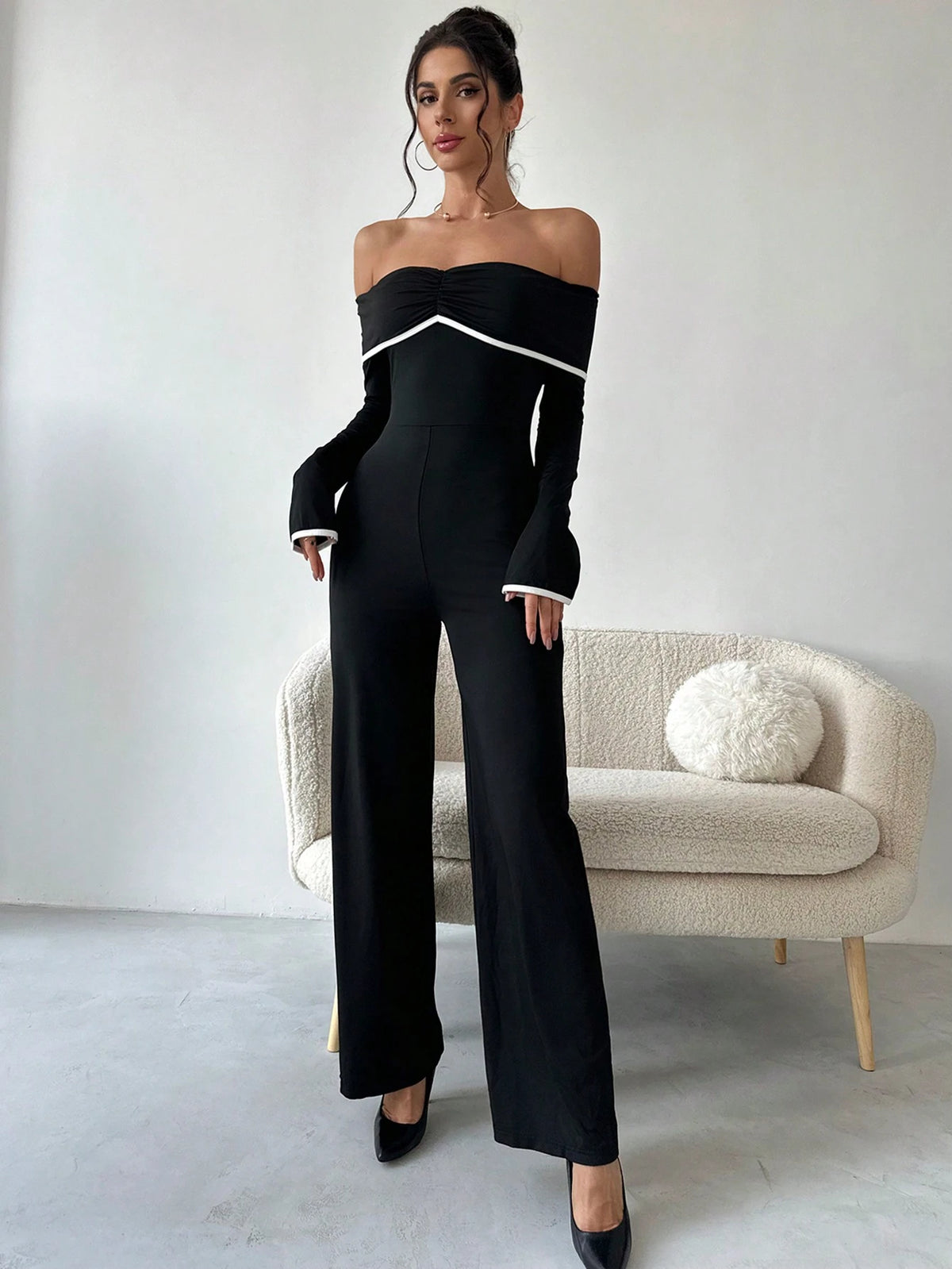 Women's Off-Shoulder Ruched Long Sleeve Elegant Jumpsuit