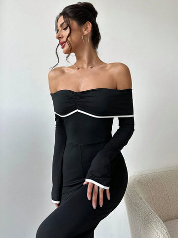 Women's Off-Shoulder Ruched Long Sleeve Elegant Jumpsuit