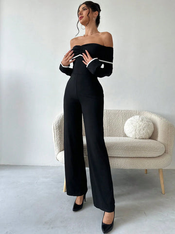Women's Off-Shoulder Ruched Long Sleeve Elegant Jumpsuit