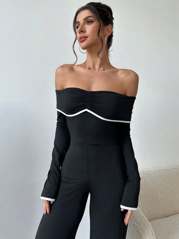 Women's Off-Shoulder Ruched Long Sleeve Elegant Jumpsuit