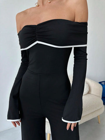 Women's Off-Shoulder Ruched Long Sleeve Elegant Jumpsuit