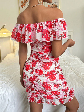 Women's Off Shoulder Dress With All-Over Floral Print And Ruffle Hem