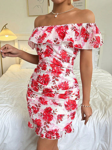 Women's Off Shoulder Dress With All-Over Floral Print And Ruffle Hem