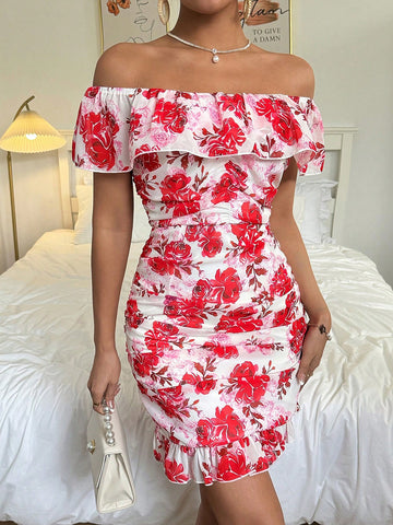 Women's Off Shoulder Dress With All-Over Floral Print And Ruffle Hem