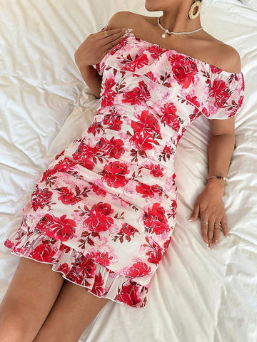 Women's Off Shoulder Dress With All-Over Floral Print And Ruffle Hem