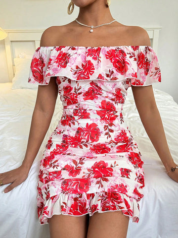 Women's Off Shoulder Dress With All-Over Floral Print And Ruffle Hem