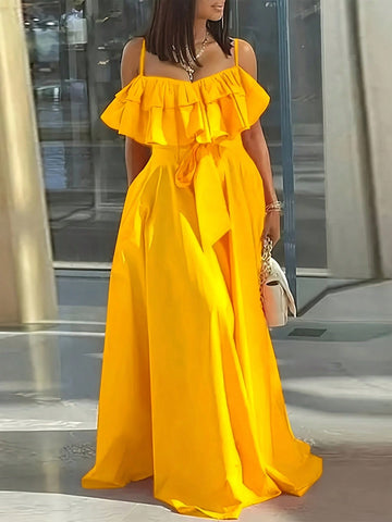 Women's Off Shoulder Ruffle Edge Maxi Dress