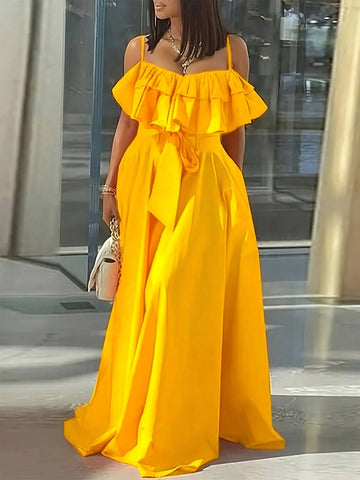 Women's Off Shoulder Ruffle Edge Maxi Dress