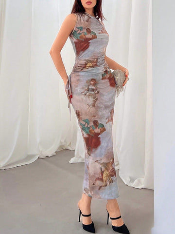Women's Off Shoulder, Ruffle Hem, Cartoon Print, Long Dress For Valentine's Day Date Night Or Party