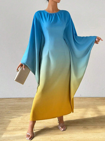 Women's Ombre Round Neck Batwing Sleeve Casual Dress