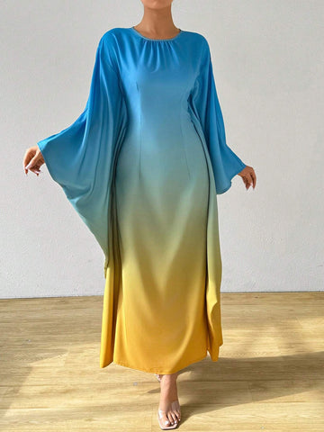 Women's Ombre Round Neck Batwing Sleeve Casual Dress