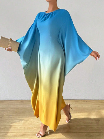 Women's Ombre Round Neck Batwing Sleeve Casual Dress