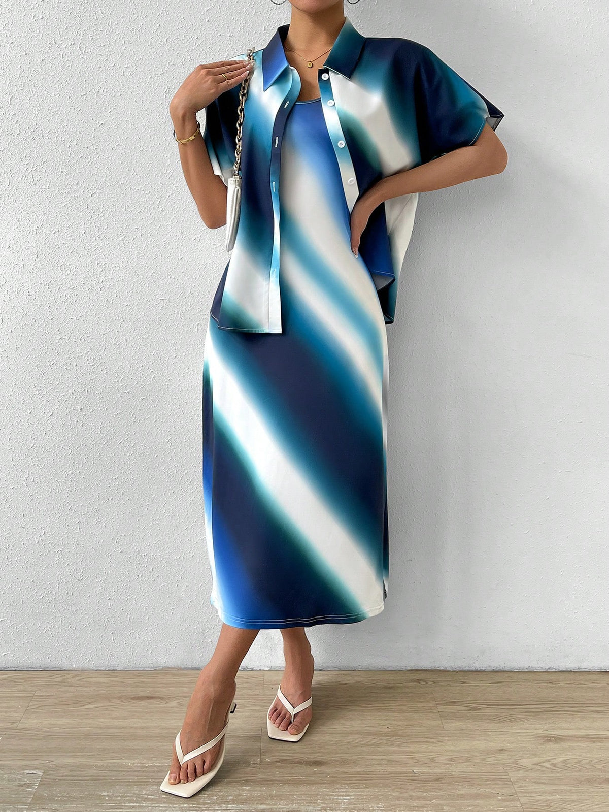 Women's Ombre Short Sleeve Blouse & Cami Dress Two Piece Set