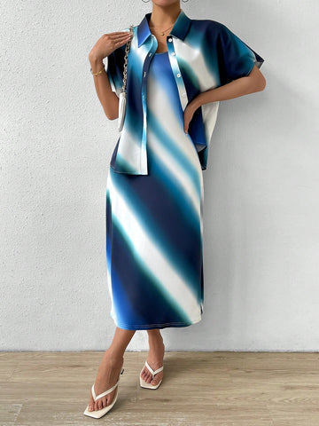 Women's Ombre Short Sleeve Blouse & Cami Dress Two Piece Set