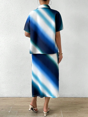 Women's Ombre Short Sleeve Blouse & Cami Dress Two Piece Set