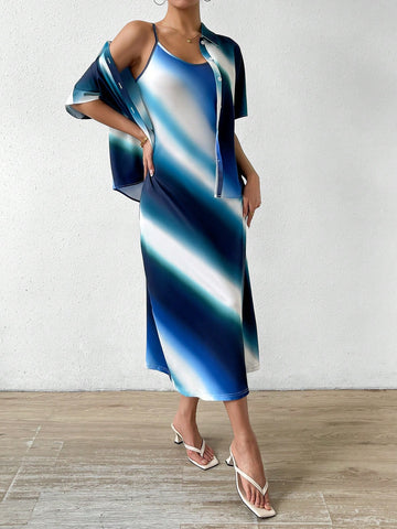 Women's Ombre Short Sleeve Blouse & Cami Dress Two Piece Set