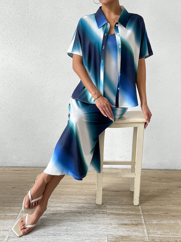 Women's Ombre Short Sleeve Blouse & Cami Dress Two Piece Set