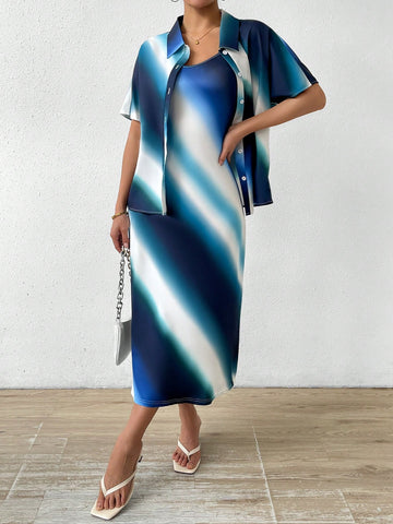 Women's Ombre Short Sleeve Blouse & Cami Dress Two Piece Set