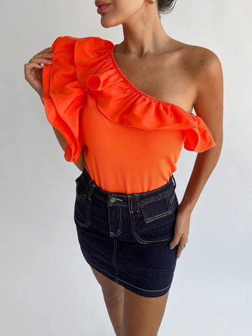 Women's One-Shoulder Ruffle Bodysuit For Dating And Wedding Season