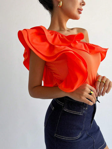 Women's One-Shoulder Ruffle Bodysuit For Dating And Wedding Season