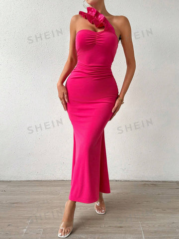 Women's One Shoulder Sleeveless Ruffle Trim Mermaid Dress