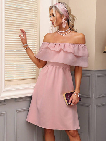 Women's One Shoulder Solid Color Multi Layer Ruffle Trim Dress