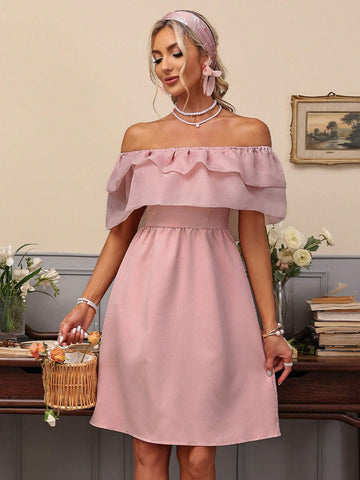 Women's One Shoulder Solid Color Multi Layer Ruffle Trim Dress