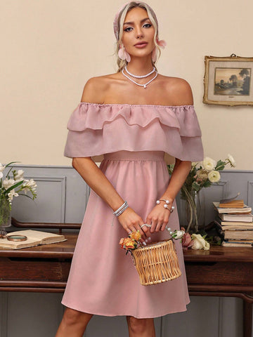 Women's One Shoulder Solid Color Multi Layer Ruffle Trim Dress
