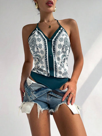 Women's Paisley Print Vacation Style Cami Bodysuit