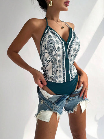 Women's Paisley Print Vacation Style Cami Bodysuit