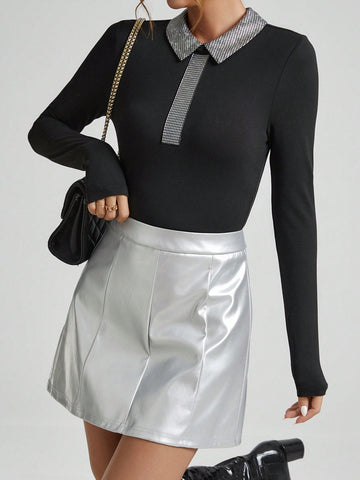 Women's Patchwork Collar Slim Fit Long Sleeve Bodysuit